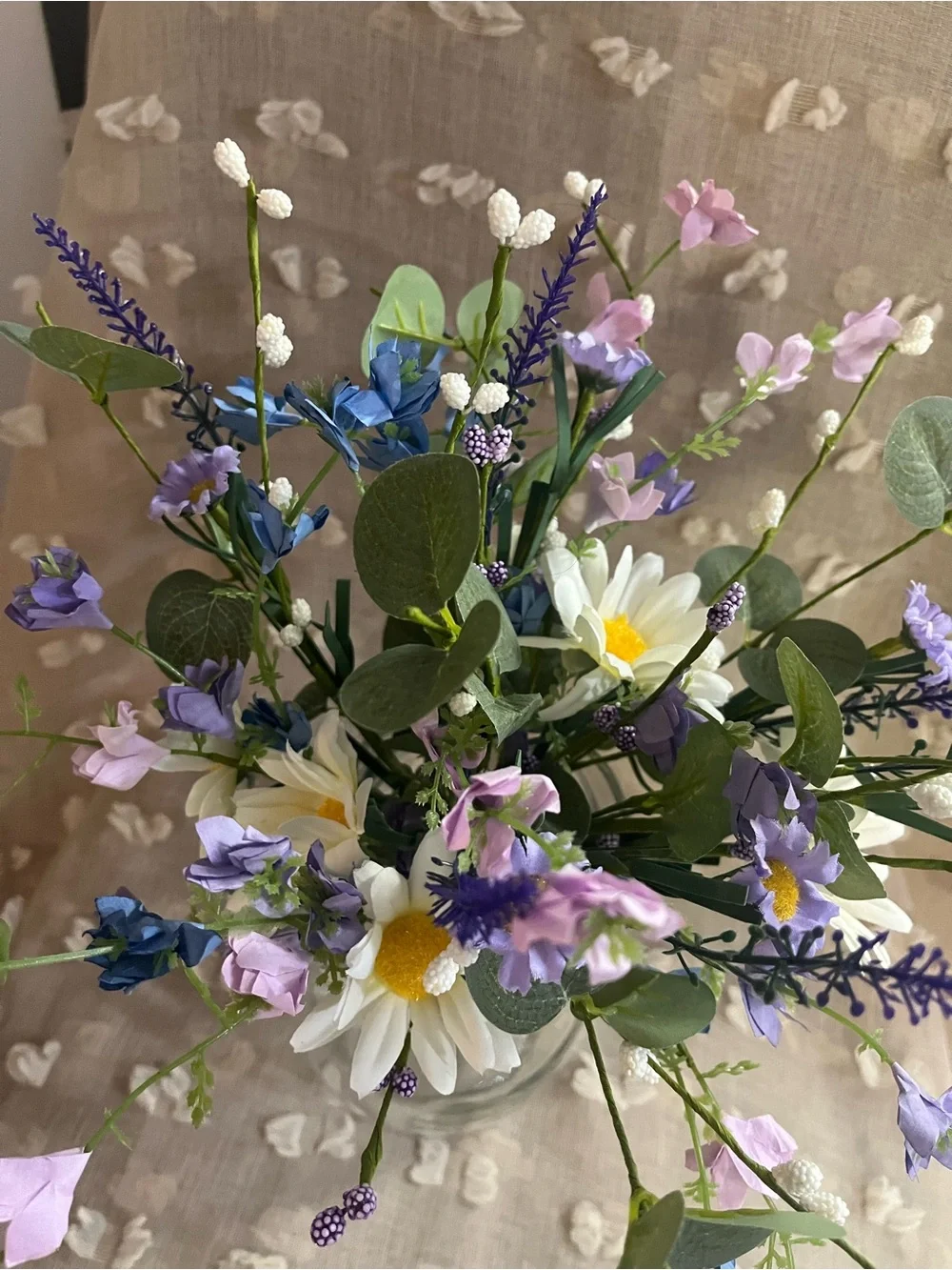 Handcrafted Faux Floral Bouquet with White, Purple & Blue Accents